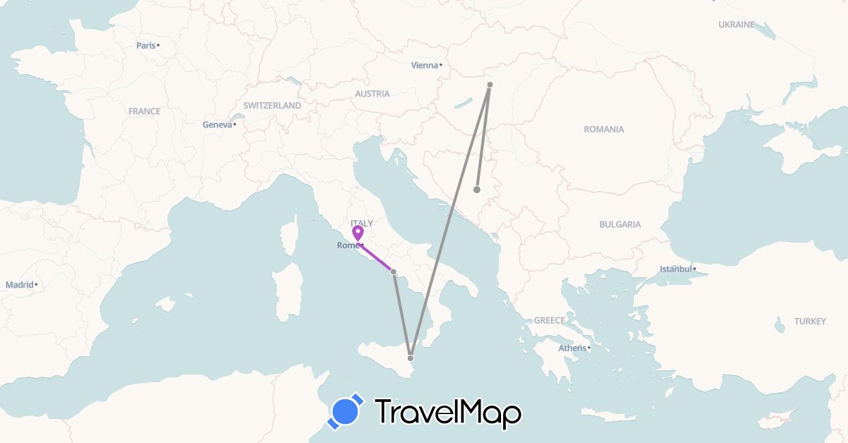 TravelMap itinerary: driving, plane, train in Bosnia and Herzegovina, Hungary, Italy (Europe)